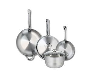 ELO 9884850 Batterie de cuisine 4 pièces, Ensemble de 3 Poêles de cuisson 24, 28 et 32 cm et 1 faitout 20 cm Elo Profi Brillant, inox, induction, Gris Souris
