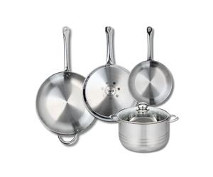 ELO 9884950 Batterie de cuisine 4 pièces, Ensemble de 3 Poêles de cuisson 24, 28 et 32 cm et 1 faitout 24 cm Elo Profi Brillant, inox, induction