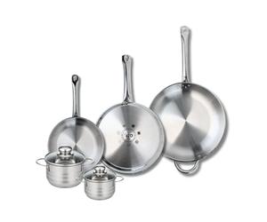 ELO 9885050 Batterie de cuisine 5 pièces, Ensemble de 3 Poêles de cuisson 24, 28 et 32 cm et 2 faitouts 12 et 14 cm Elo Profi Brillant, inox, induction, Gris