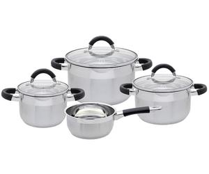 ELO Set de casseroles Basic Black Steam 4 pièces, acier inoxydable, évaporation dosée, fond capsulé économe en énergie, échelle de volume, argenté