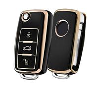 ELOHEI Coque de clé VW en TPU Souple de qualité supérieure - Protection complète à 360 degrés pour VW Volkswagen Jetta Beetle Tiguan Passat Golf MK6 Polo 3 Boutons (Bord doré Noir)