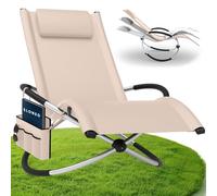 ELONEO Chaise Longue à Bascule Extérieure avec Pochette, Relax Fauteuil Jusqu’à 180 kg, Transat Bascule Jardin Résistant aux Intempéries, Bain de Soleil Balcon et Terrasse, à Crème