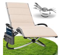 ELONEO Chaise Longue à Bascule Extérieure avec Pochette, Relax Fauteuil Jusqu’à 180 kg, Transat Bascule Jardin Résistant aux Intempéries, Bain de Soleil Balcon et Terrasse, à Carreaux Gris/Crème