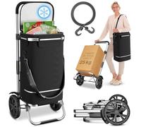 ELONEO Chariot de Courses à roulettes - Chariot Pliable avec Compartiment Isotherme, 3-en-1 Diable, Sac Porté Épaule et Caddie de Marché, Sac de Courses 43L (Noir, Isotherme)