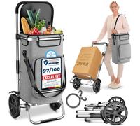 ELONEO Chariot de Courses à roulettes - Chariot Pliable avec Compartiment Isotherme, 3-en-1 Diable, Sac Porté Épaule et Caddie de Marché, Sac de Courses 43L (Gris argenté)
