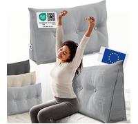 ELONEO coussin dossier lit 100 cm, coussin triangulaire de lecture, cale-dos avec housse lavable et poche latérale, gris