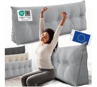 ELONEO coussin dossier lit 140 cm, coussin triangulaire de lecture, cale-dos avec housse lavable et poche latérale, gris