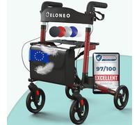 ELONEO Déambulateur 4 Roues Pliable Léger avec Siège - 8 Hauteurs Réglables, Cadre en Aluminium, Aide Mobilité Pliante 3 Directions avec Sac et Porte-Parapluie, Convient aux Voitures (Rouge)