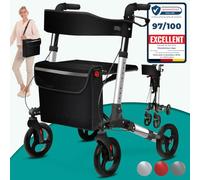 ELONEO Déambulateur 4 Roues Pliable Léger avec Siège - 8 Hauteurs Réglables, Cadre en Aluminium, Aide Mobilité Pliante 3 Directions avec Sac et Porte-Parapluie, Convient aux Voitures (Argent)