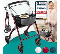 ELONEO Déambulateur 4 Roues Pliable Léger - Largeur 54 cm, Déambulateur d'Intérieur avec Plateau et Panier en Tissu - Rollator Adulte, Aide à la Mobilité Pliant Aluminium - Rouge