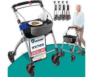 ELONEO Déambulateur 4 Roues Pliable Léger - Largeur 54 cm, Déambulateur d'Intérieur avec Plateau et Panier en Tissu - Rollator Adulte, Aide à la Mobilité Pliant Aluminium - Argent