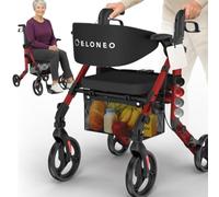 ELONEO Fauteuil roulant et déambulateur 2 en 1 pliable et léger avec siège, déambulateur fauteuil roulant d’extérieur pliable et léger tout-terrain, fauteuil de transport, rouge