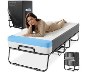 ELONEO Lit Pliant 90x200 cm INCL. Matelas Premium en Mousse à mémoire de Forme | Lit d’appoint Pliable, Charge Max. 250 kg | Lit de Voyage Pliable avec Cadre métallique | INCL. Housse de Protection