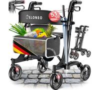 ELONEO Rollator pliable avec siège - ultra-léger (5,1 kg), rollator de voyage léger en aluminium, aide à la marche réglable en hauteur, déambulateur avec sac & porte-parapluie, noir