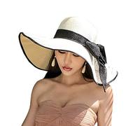 Elonglin Chapeau de Soleil en Paille à Bord Large pour Femme Capeline Pliable Décoration de Ruban pour Extérieur Plage Eté Anti-UV Respirant Blanc (Bordure Noire)