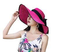 Elonglin Chapeau de Soleil en Paille à Bord Large pour Femme Capeline Pliable Décoration de Ruban pour Extérieur Plage Eté Anti-UV Respirant Rose Rouge (Bordure Noire)
