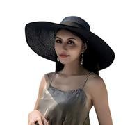 Elonglin Chapeau de Soleil en Paille à Bord Large pour Femme Capeline Pliable Décoration de Ruban pour Extérieur Plage Eté Anti-UV Respirant Bleu Marine (Bordure noire)