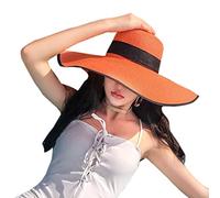Elonglin Chapeau de Soleil en Paille à Bord Large pour Femme Capeline Pliable Décoration de Ruban pour Extérieur Plage Eté Anti-UV Respirant Orange (Bordure noire)