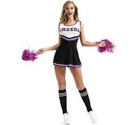 Elonglin Déguisement Femme Pompon Girl Déguisement de Pom-Pom Girl Robe Uniforme avec Pompons Cosplay Costume de High School Musical Debardeur Jupe Halloween Noir Taille FR 40 (Asie M)