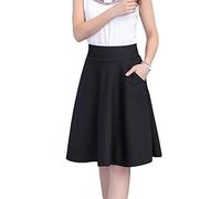 Elonglin Femmes Jupe Midi Courte Evasée en Polyester Rétro Jupe Patineuse Basique Plissée Jupe A-Line Vintage Taille Haute Tutu Uni Simple avec Deux Poches Noir Taille FR L (Asie XXL)