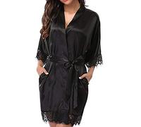 Elonglin Peignoir Satin Robe de Chambre Kimono Femme Robe de Nuit Sortie de Bain Nuisette Déshabillé Vêtements de Nuit Lingerie Dentelle Robes de Mariée Cadeau pour fête Mariage Party Noir Taille M