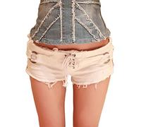 Elonglin Shorts Mini Femme Jean Court Sexy été Taille Baisse Bandage Vintage Pantalon Short Bermudas Denim Collant Short en Denim Frange Troué DéChiré Plage Night Club Blanc Taille FR 38 (Asie L)