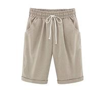 Elonglin Shorts Uni-Couleur avec élastique Ceinture de Pantalon Bermuda Femme en Coton Coupe Large Poche Casual Eté Loisir Quotidien Kaki Taille FR 48 (Asie 5XL)
