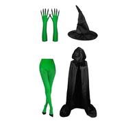 Elphaba Déguisement de sorcière noire | Robe de jeu de rôle d'Halloween | Costume de sorcière | Chapeau de magicien avec gants à griffes vertes - Kit d'habillage pour cosplay Carnival Fes