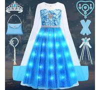 Elsa FR064-M Costume de princesse pour fille Costume de Reine des Neiges pour carnaval, anniversaire, cosplay, fête Bleu Tenue avec accessoires Baguette magique Couronne Perruque