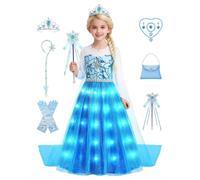 Elsa G064XXL Costume de princesse pour fille - Costume de princesse des neiges pour carnaval, anniversaire, cosplay, fête - Bleu - Avec accessoires - Baguette magique et perruque