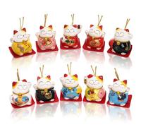 Elsjoy Lot de 10 mini chats porte-bonheur Maneki Neko en céramique, 5,1 cm, statues de chat porte-bonheur japonais pour décoration d'intérieur, cadeau
