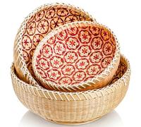 Elsjoy Lot de 3 paniers de rangement en osier tissé - Corbeille à pain ronde en rotin - Décoration rustique pour fruits, légumes, pommes de terre - Empilables - 24,4 cm/20,3 cm/17,8 cm