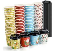 Elsjoy Lot de 80 tasses à café de Noël de 355 ml avec 100 couvercles, 4 styles de tasses à café jetables en papier, fournitures de fête de Noël pour café, thé, chocolat chaud, cacao