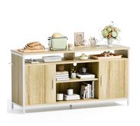 ELUCHANG Buffet Scandinave Moderne, Meuble de Rangement Salon et Entrée, 140x40x71 cm, Chêne Clair, Bois et Métal Blanc, 2 Portes Panneau Plat, Pieds Réglables
