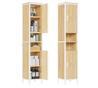 ELUCHANG Colonne Salle de Bain Étroite, E1 MDF+Métal, Étagère Réglable 6,4cm, Anti-basculement Hydrofuge, Gain de Place,30 x 30 x 174 cm,Chêne Clair+Blanc