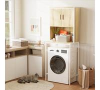 ELUCHANG Meuble Machine à Laver et Seche Linge, Meuble WC Dessus de Toilette Étagères Réglables et Compartiments Ouverts 2 Portes pour la Armoire de Toilette Buanderie,Chêne Clair+Blanc,67x40x174cm