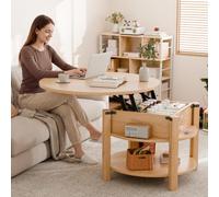 ELUCHANG Table Basse avec Rangement Caché RondeTable Basse Plateau Relevable 2 en 1 pour Salon et Bureau, Forte Charge Portante, 80x80cm, Chêne