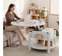 ELUCHANG Table Basse avec Rangement Caché RondeTable Basse Plateau Relevable 2 en 1 pour Salon et Bureau, Forte Charge Portante, 80x80cm, Blanc