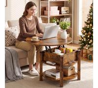 ELUCHANG Table Basse avec Rangement Caché RondeTable Basse Plateau Relevable 2 en 1 pour Salon et Bureau, Forte Charge Portante, 60x60cm, Marron Rustique
