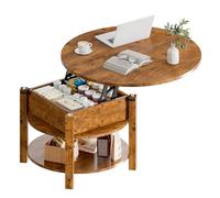 ELUCHANG Table Basse avec Rangement Caché RondeTable Basse Plateau Relevable 2 en 1 pour Salon et Bureau, Forte Charge Portante, 80x80cm, Marron Rustique