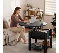 ELUCHANG Table Basse avec Rangement Caché RondeTable Basse Plateau Relevable 2 en 1 pour Salon et Bureau, Forte Charge Portante, 60x60cm, Noir