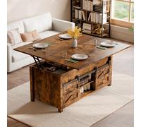 ELUCHANG Table Basse Plateau Relevable Extensible 4 en 1 Table à Manger Grand Rangement avec Compartiments Ouverts et Cachés pour Salon et Bureau, Marron Rustique