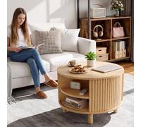 ELUCHANG Table Basse Ronde avec Rangement, Conception Flutée Table Basse avec Couvercle Rabattable & Porte Coulissante pour Salon et Bureau, Forte Charge Portante, 60x60cm, Chêne