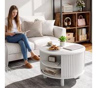 ELUCHANG Table Basse Ronde avec Rangement, Conception Flutée Table Basse avec Couvercle Rabattable & Porte Coulissante pour Salon et Bureau, Forte Charge Portante, 60x60cm, Blanc