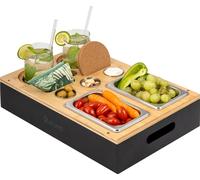 eluno Bar de canapé, plateau de service, plateau de canapé en bambou avec coupelles à snacks en acier inoxydable, y compris porte-boissons, noir