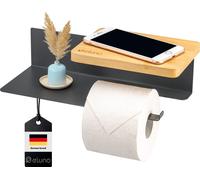 eluno Distributeur de papier toilette VARAZ avec 2 étagères, distributeur de rouleaux de papier toilette autocollant, en métal gris et bambou