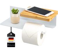 eluno Distributeur de papier toilette VARAZ avec 2 étagères, distributeur de rouleaux de papier toilette autocollant, en métal blanc et bambou
