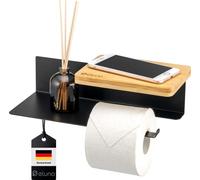 eluno Distributeur de papier toilette VARAZ avec 2 tablettes, distributeur de rouleaux de papier toilette autocollant, en métal noir et bambou