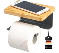 eluno Distributeur de papier toilette VARAZ avec tablette en bambou, distributeur de rouleaux de papier toilette autocollant, en métal gris