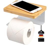 eluno Distributeur de papier toilette VARAZ avec tablette en bambou, distributeur de rouleaux de papier toilette autocollant, en métal blanc